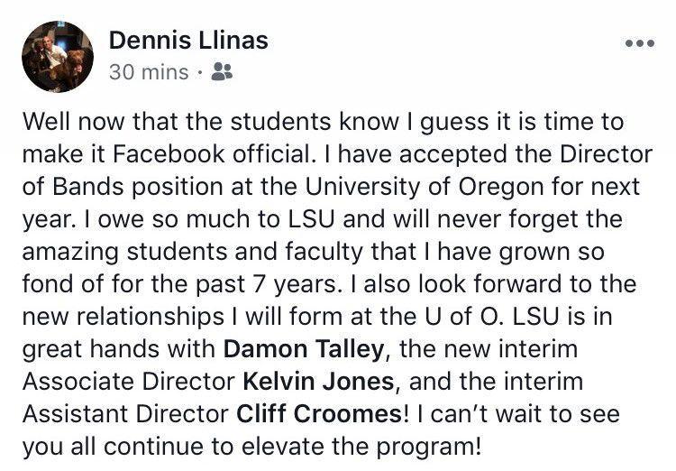 Tiger Band director Dennis Llin&#225;s leaving LSU for University of Oregon