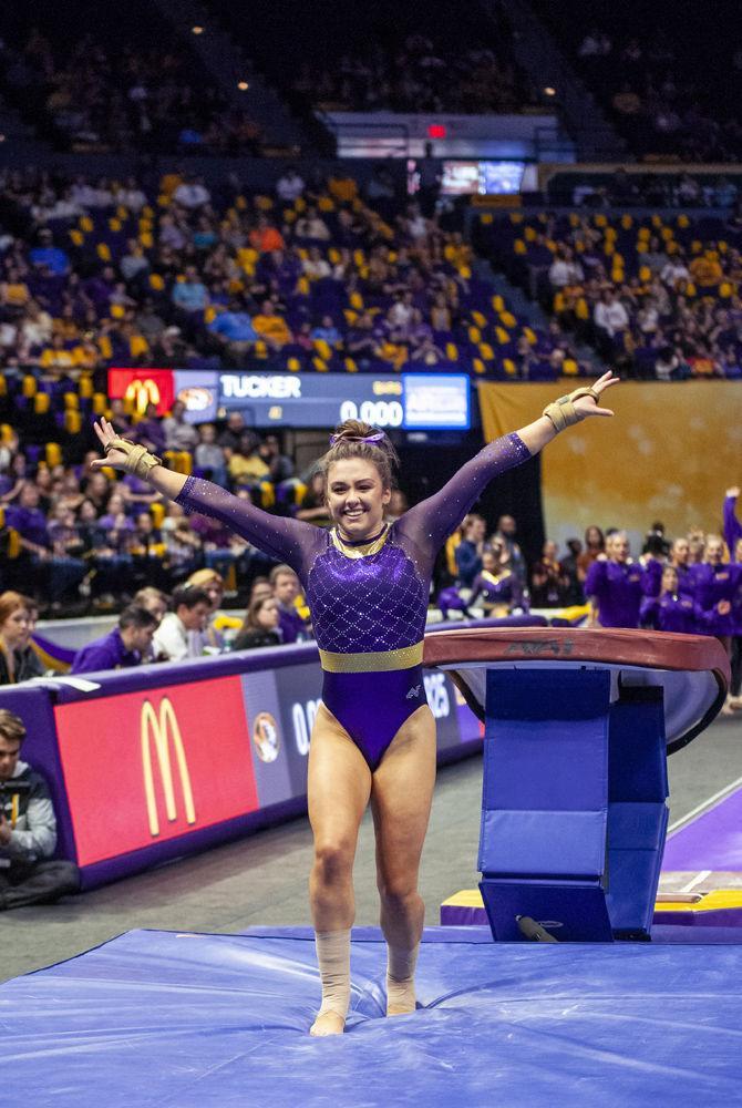 LSU junior all-around Ruby Harrold lands a vault during the Tigers' 197.650-195.475 victory over Mizzou on Sunday, Feb. 17, 2019.