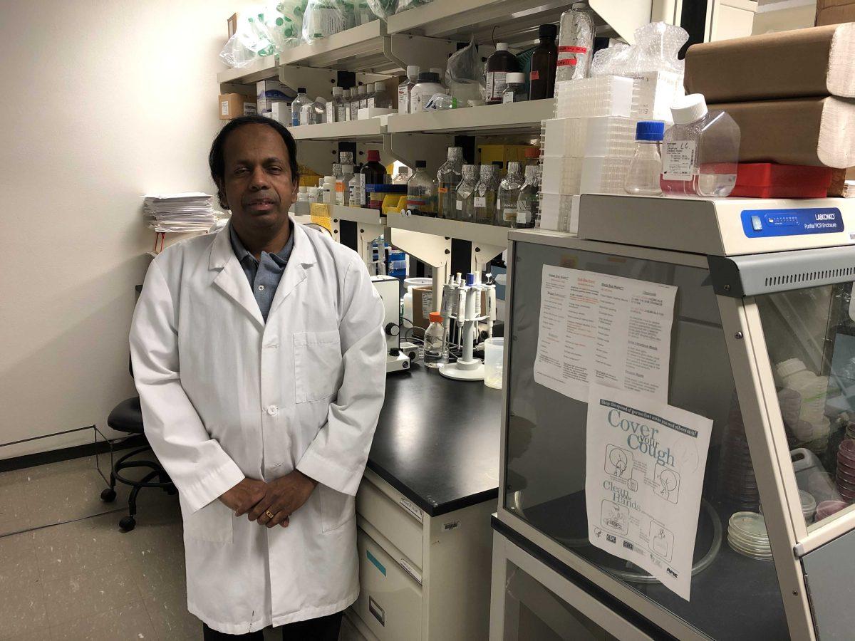 Professor Samithamby Jeyaseelan stands in his lab in the School of Veterinary Medicine on Feb. 12