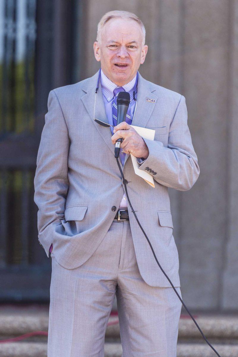 LSU Vice President of Student Affairs Kurt J. Keppler gives a speech during LSU's 2018-19 Student Government inauguration on Wednesday, April 4, 2018, near Memorial Tower.