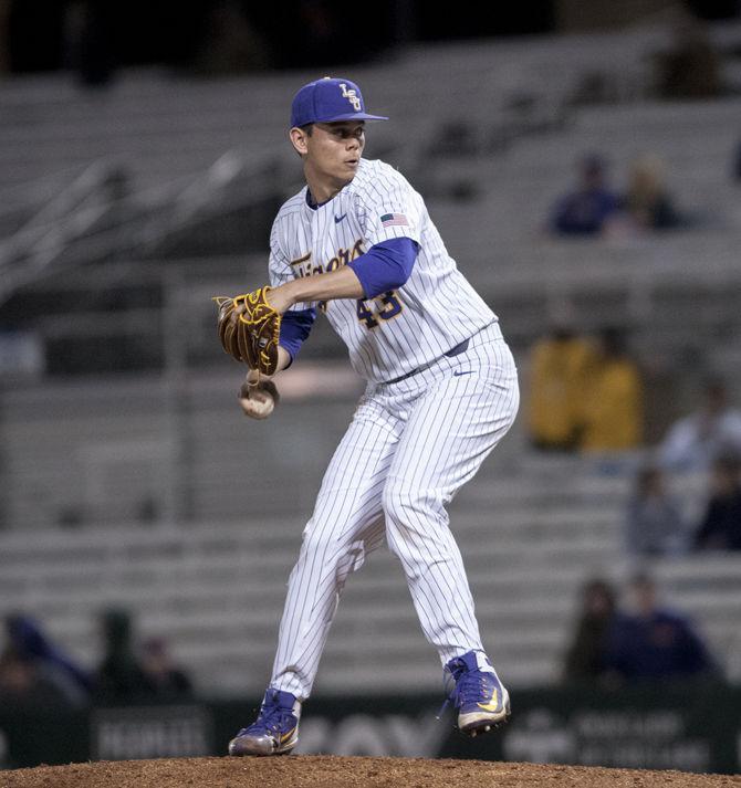 LSU sophomore pitcher Todd Peterson (43) pitches the ball during the Tigers&#8217; 8-2 win against Southern University on Tuesday, March 6, 2018,&#160;at Alex Box Stadium.