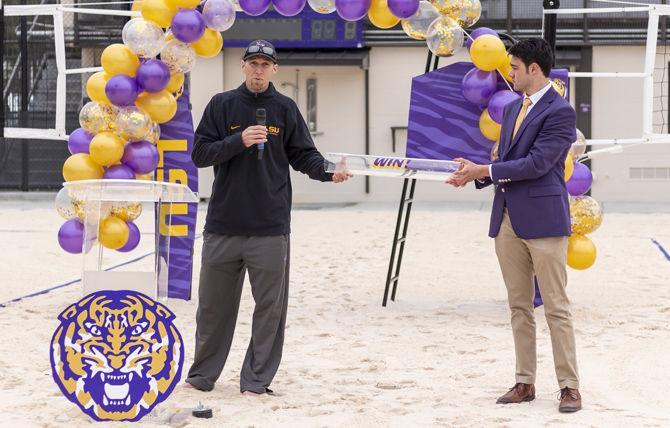 <p>LSU beach volleyball coach Russell Brock speaks at the stadium opening ceremony on Monday, Jan. 14, 2019.</p>