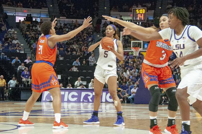 LSU forward Ayana Mitchell (05) holds the ball during the Tigers' 52-66 win over Sam Houston on Tuesday, Nov. 6, 2018 in the PMAC.