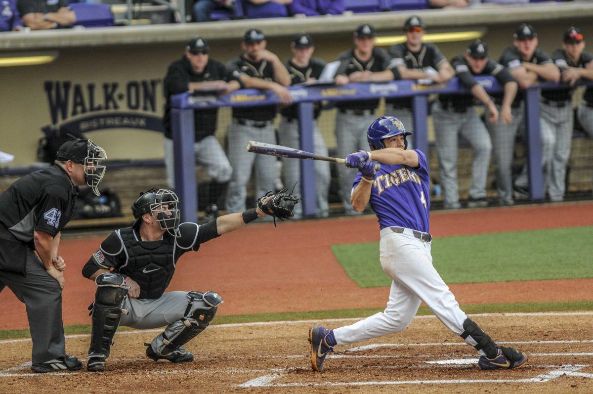 LSU junior infielder Josh Smith (4) during the tigers 6-5 win against Army on Saturday, Feb,16,2019,at Alex Box Stadium.