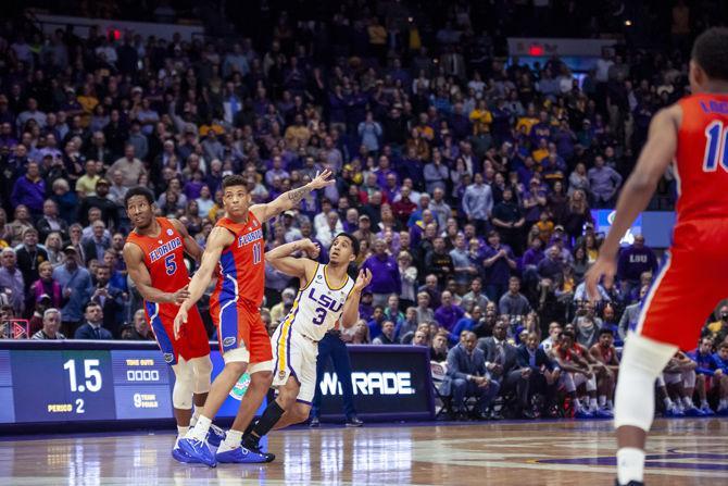 LSU sophomore guard Tremont Waters (3) shoots the ball at the buzzer during the Tigers' 77-82 loss to Florida on Wednesday, Feb. 20, 2019, in the PMAC.