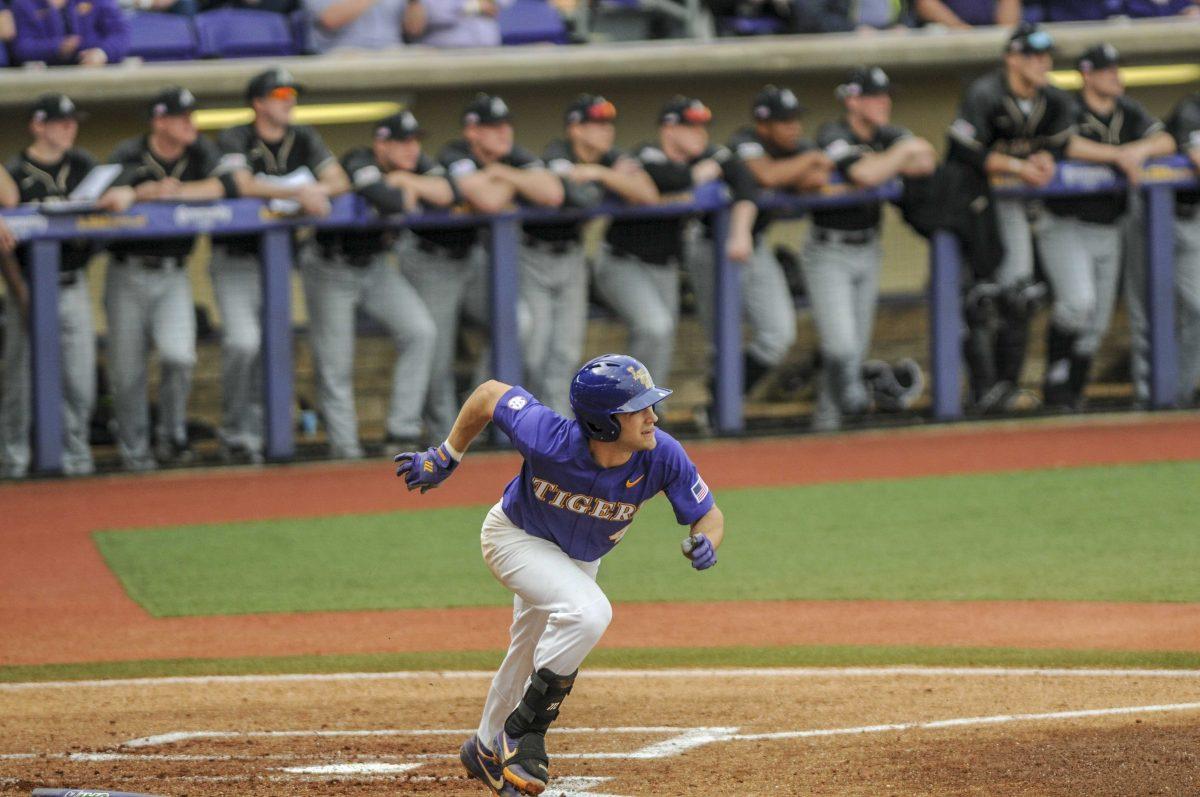 LSU junior infielder Josh Smith (4) during the tigers 6-5 win against Army on Saturday, Feb,16,2019,at Alex Box Stadium.