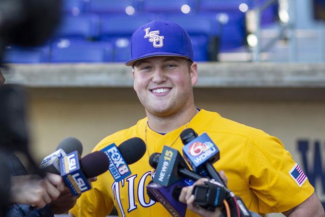 LSU freshman first basemen Cade Beloso (24) speaks to the media at Alex Box Stadium on Friday, Jan. 25, 2019.