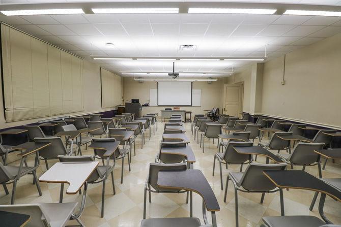 Classrooms in Prescott Hall sit empty on Thursday, March 1, 2018.