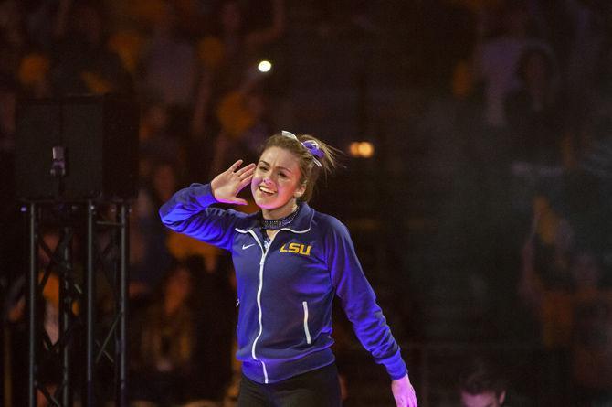 LSU&#160;all-around junior Ruby Harrold is introduced to the crowd during the Tigers' 197.500-197.425 loss to Florida on Friday, Jan. 18, 2019 in the PMAC.