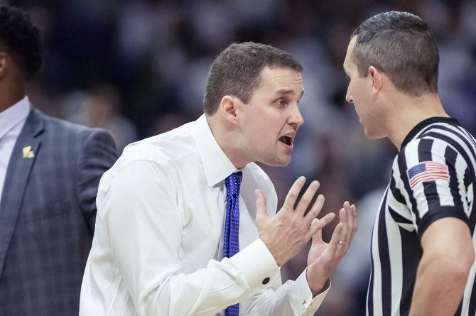 LSU coach Will Wayde expresses his excitement to the ref during the Tigers' 83-78 victory over Auburn on Saturday, Feb. 9, 2019, in the PMAC.