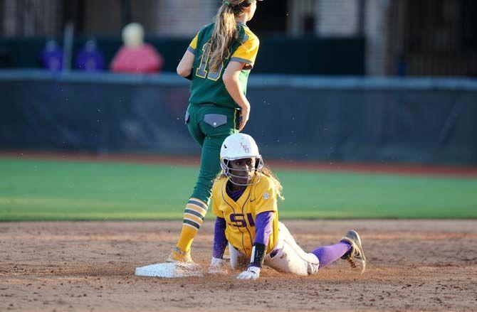 LSU senior outfielder A.J. Andrews (6) slides into second base in winning midweek game against Southeastern 11-0 at Tiger Park.