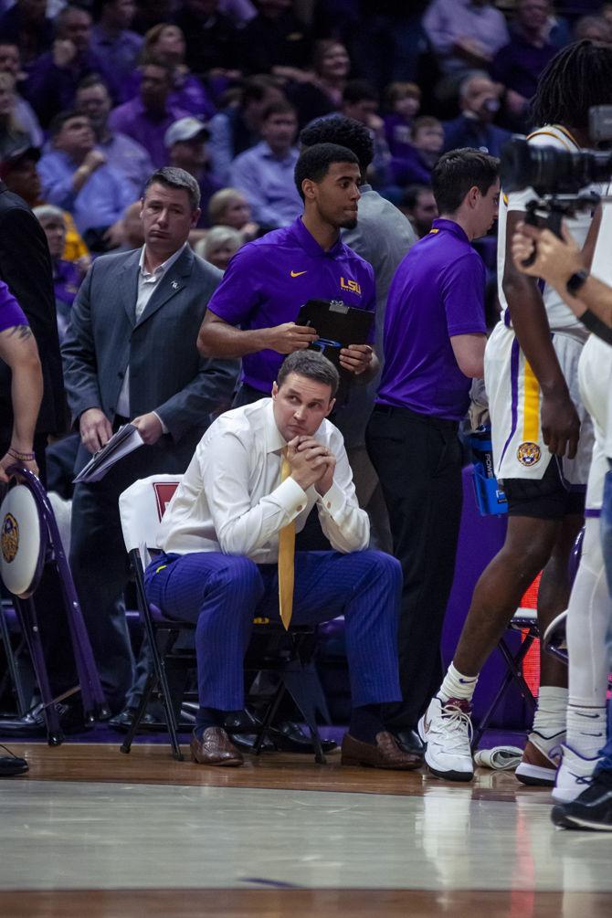 LSU coach Will Wade leads a time out during the Tigers' 77-82 loss to Florida on Wednesday, Feb. 20, 2019, in the PMAC.