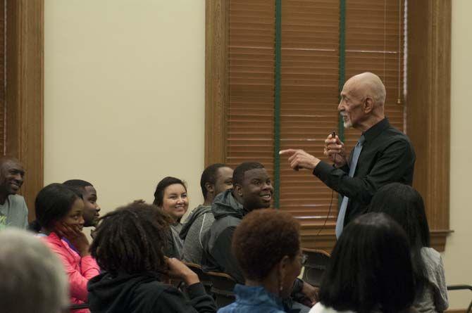 LSU civil rights figure A.P. Tureaud speaks to students on Tuesday, April 14, 2015, at the Hill Memorial Library about his experience as the first black student to attend LSU.