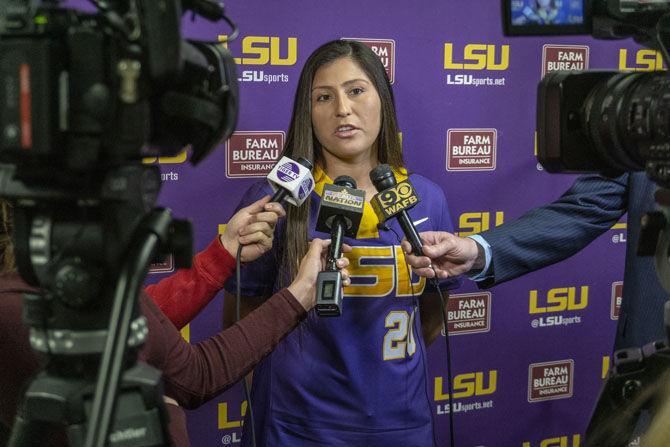 LSU senior infielder Amanda Sanchez (20) speaks to the press during Media Day on Tuesday, Jan. 29, 2019, in Tiger Stadium.