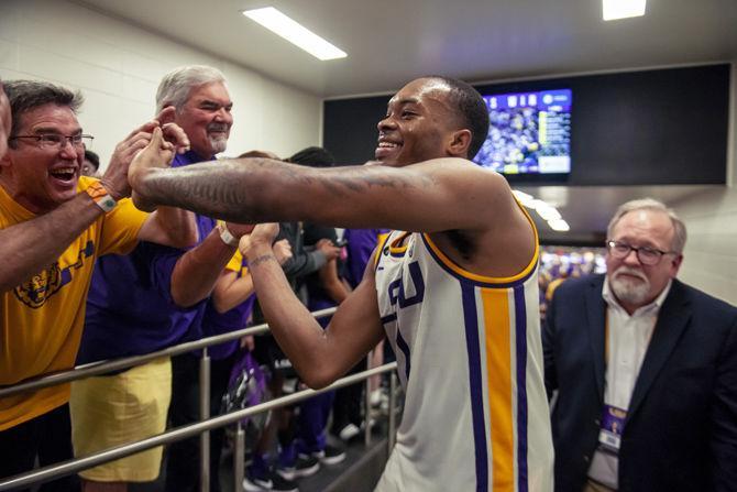 LSU junior guard Skyler Mays (4) and freshmen guard Ja'vonte Smart (1) celebrate after the Tigers 82-80 victory over Tennesse on Saturday, Feb. 23, 2019.