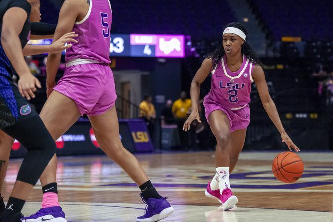 LSU senior guard Shanice Norton (2) dribbles the ball during the Lady Tigers' 69-51 Victory over Florida on Thursday, Feb. 21, 2019, in the PMAC.