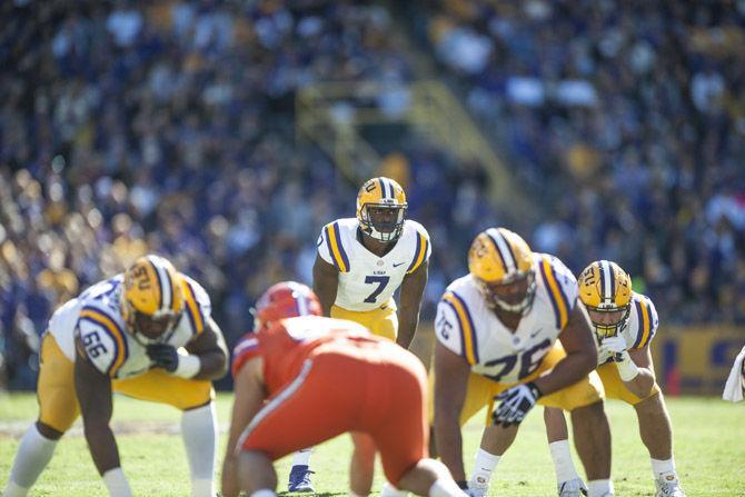 LSU junior running back Leonard Fournette (7) set up at the line of scrimmage &#160;against University of Florida on Nov. 19, 2016, at Tiger Stadium.