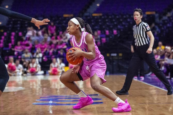 LSU sophomore guard Khayla Pointer (3) drives to the basket during the Lady Tigers' 69-51 Victory over Florida on Thursday, Feb. 21, 2019, in the PMAC.