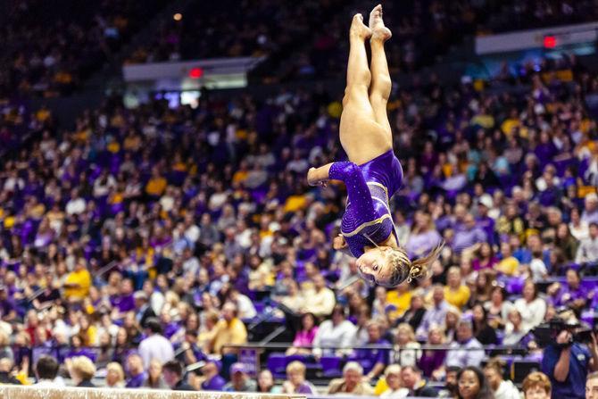 LSU sophomore Sami Durante performs on the balance beam during the Tigers' 198.150-196.375 victory over Oregon State in the PMAC on Friday, March 8, 2019.