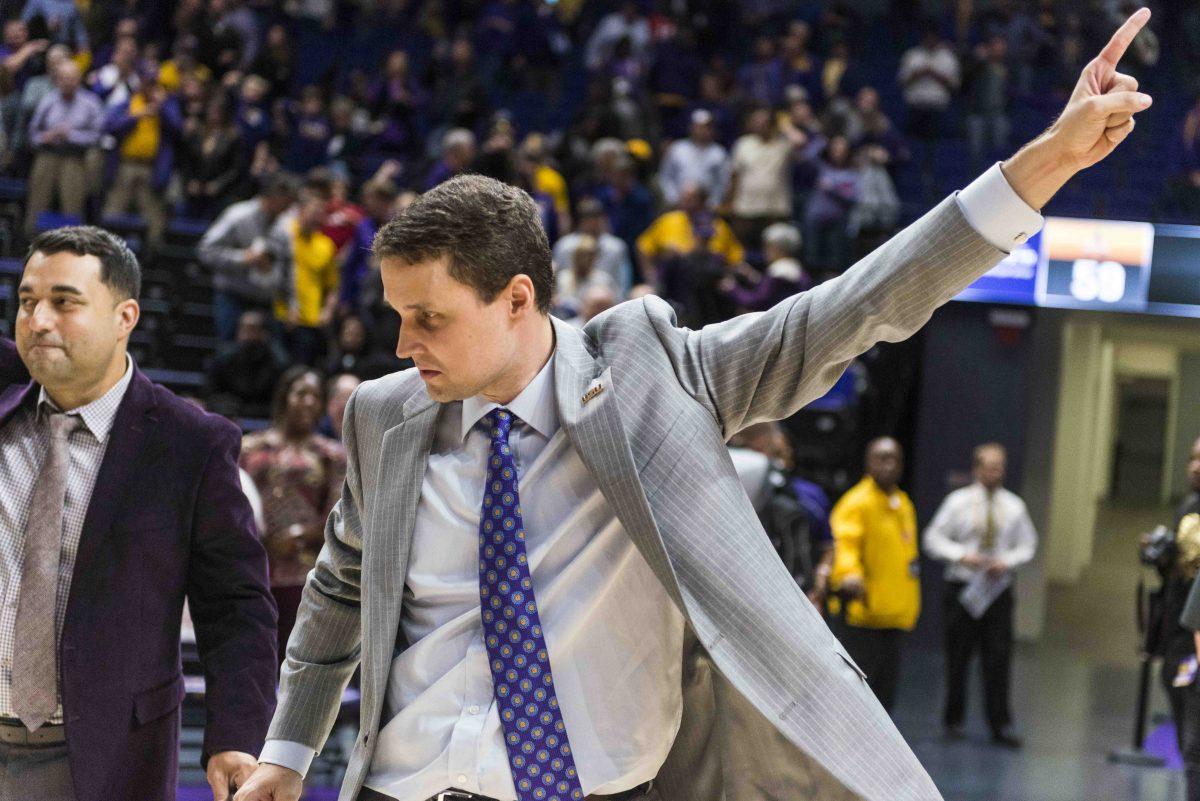 LSU head mens basketball coach Will Wade points upwards after LSU's 99-59 win over Alcorn on Friday Nov. 10, 2017, in the PMAC.