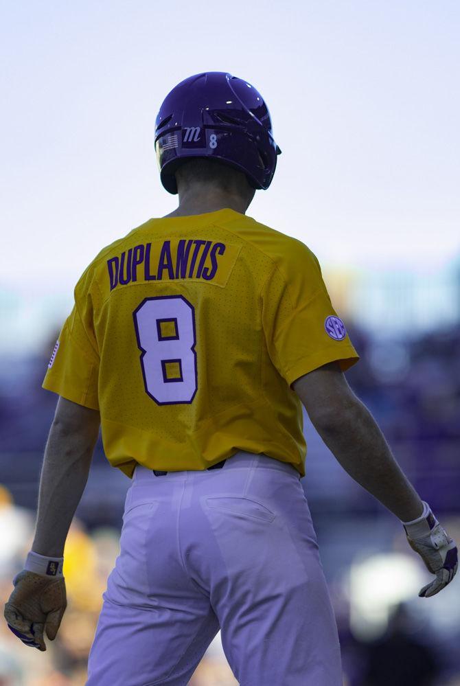 Senior outfielder Antoine Duplantis prepares to run to home base during LSU's 4-3 win over Bryant on Sunday, Feb. 24, 2019 in Alex Box Stadium.