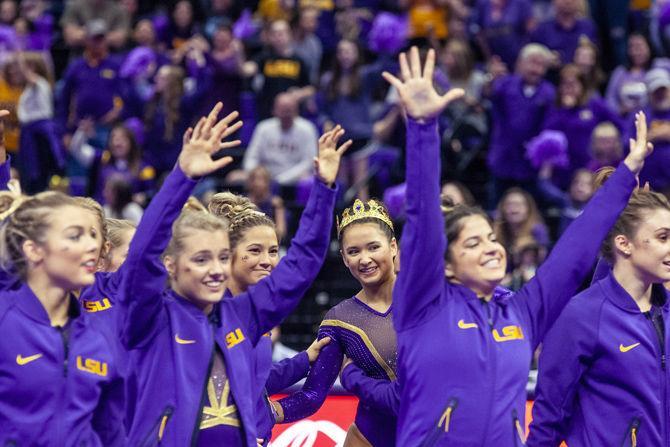 LSU senior all-around Sarah Finnegan celebrates after her floor routine during the Tigers' 198.150-196.375 victory over Oregon State in the PMAC on Friday, March 8, 2019.