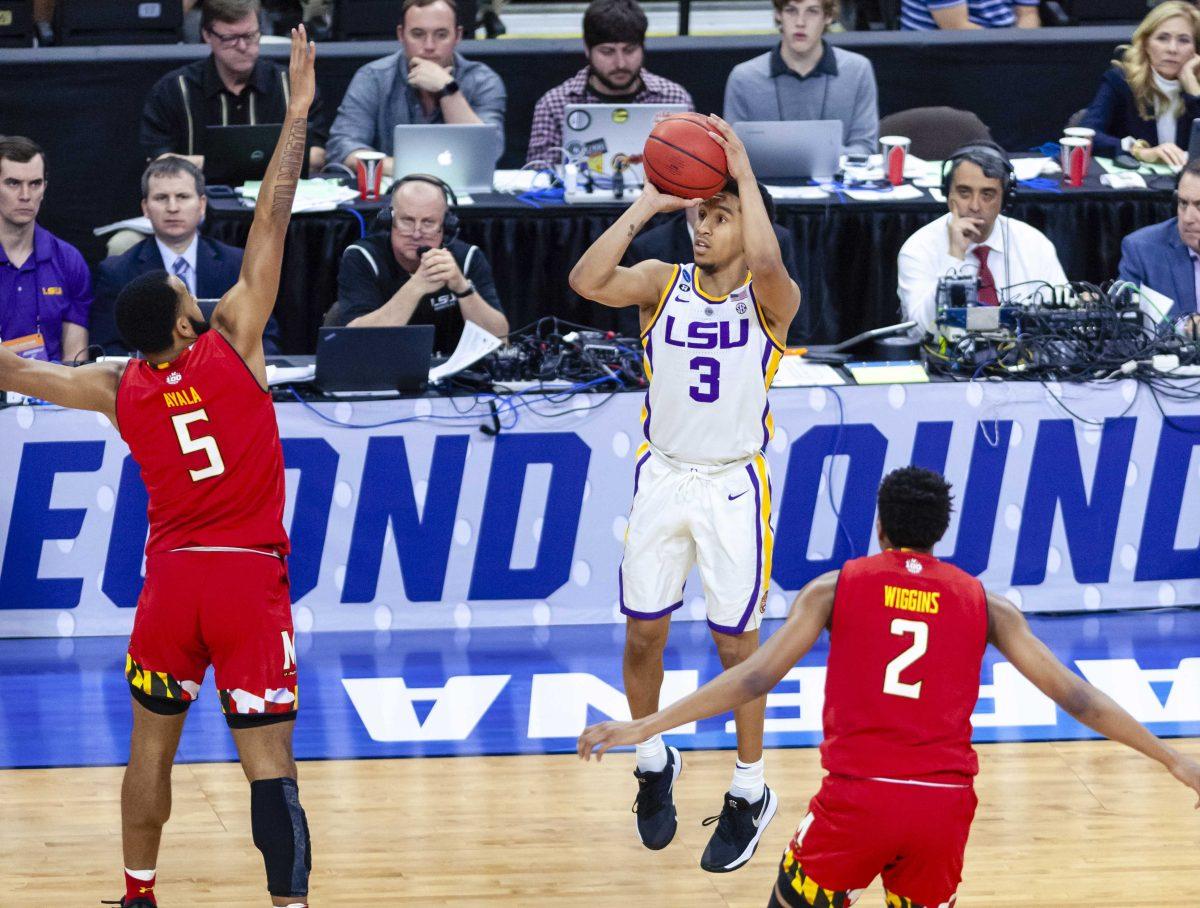 LSU sophomore guard Tremont Waters (3) shoots the ball during the Tigers' 69-67 victory over Maryland on Saturday, March 23, 2019, in the Jacksonville Veterans Memorial Arena.