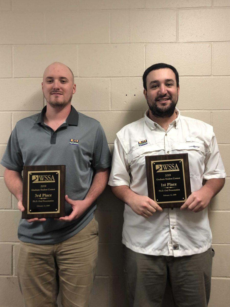 Weed science&#160;doctoral students Sam Rustom (right) and David Walker (left) won first and third place, respectively, at the Weed Science Society of America Graduate Student Contest Awards.