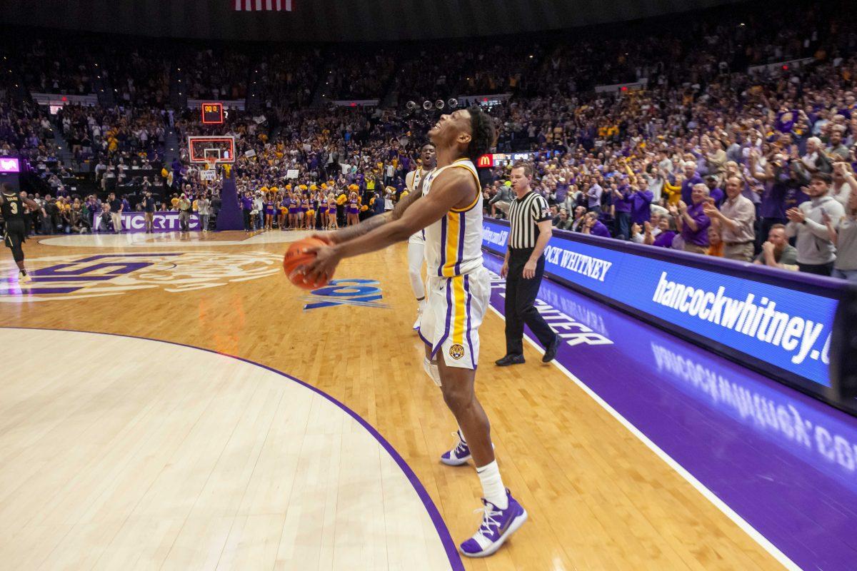 LSU junior guard Marlon Taylor (14) celebrates after the Tigers' 80-59 victory over Vanderbilt on Saturday, March 9, 2019, in the PMAC.