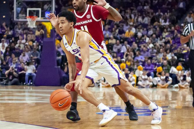 LSU sophomore guard Tremont Waters (3) brings the ball down the court during the Tigers' 89-90 loss to Arkansas on Saturday, Feb. 2, 2019, in the PMAC.