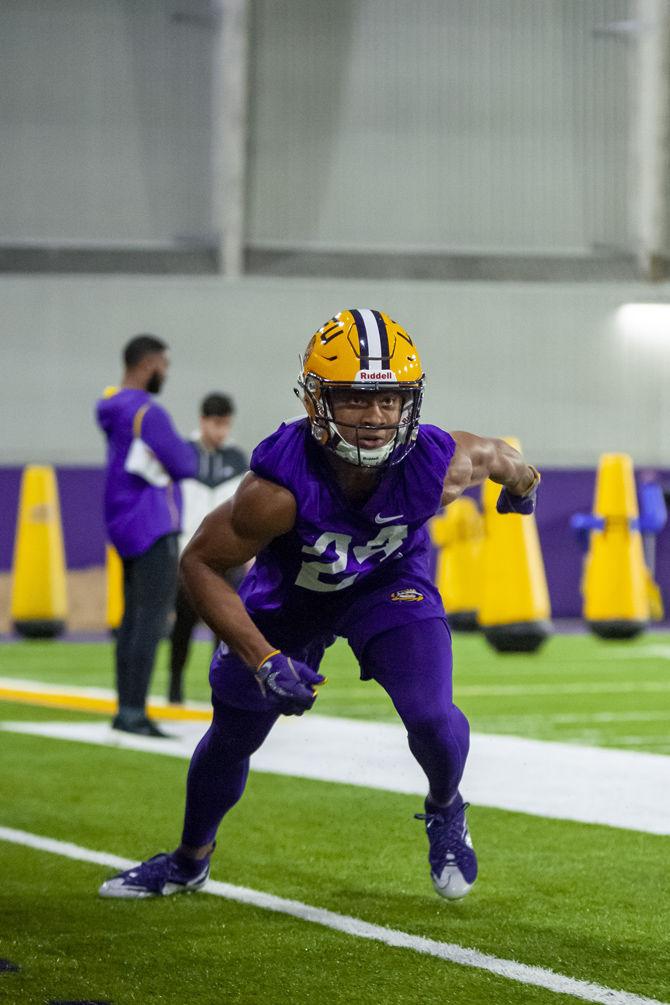 LSU freshman cornerback Derek Stingley Jr. (24) participates in spring practice in the LSU Football Facility on Thursday, March 7, 2019.