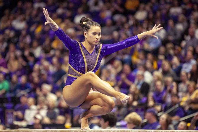 LSU senior all-around Sarah Finnegan performs on the balance beam during the Tigers' 198.150-196.375 victory over Oregon State in the PMAC on Friday, March 8, 2019.