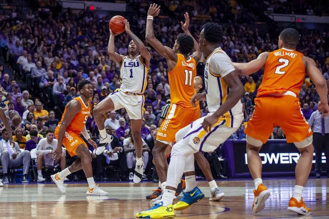 LSU freshman guard Ja'vonte Smart (1) shoots the ball during the Tigers 82-80 victory over Tennesse on Saturday, Feb. 23, 2019.