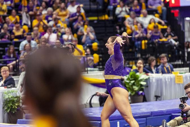 LSU junior all-around Mckenna Kelley performs a floor routine during the Tigers' 197.650-195.475 victory over Mizzou on Sunday, Feb. 17, 2019.