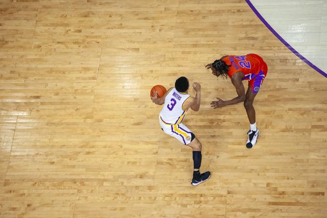 LSU sophomore guard Tremont Waters (3) dribbles down the court during the Tigers' 77-82 loss to Florida on Wednesday, Feb. 20, 2019, in the PMAC.