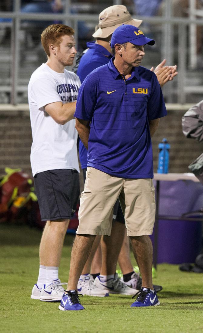 LSU soccer head coach Brian Lee watches his team during LSU's 2-0 win against Lamar University on Friday, Aug. 25, 2017, at LSU Soccer Stadium.