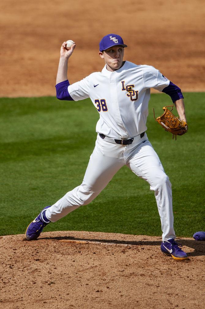 LSU junior pitcher Zack Hess (38) throws the ball during the Tigers' 2-1 victory over Kentucky on Saturday, March 16, 2019, in Alex Box Stadium.