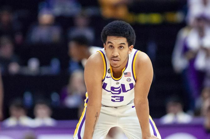 LSU sophomore guard Tremont Waters (3) prepares for a play during the Tigers' 83-78 victory over Auburn on Saturday, Feb. 9, 2019, in the PMAC.