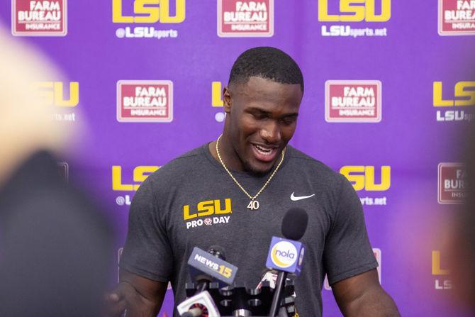 LSU linebacker Devin White (40) participates in LSU's Pro Day on Friday, March 22, 2019, in the Football Practice Facility.