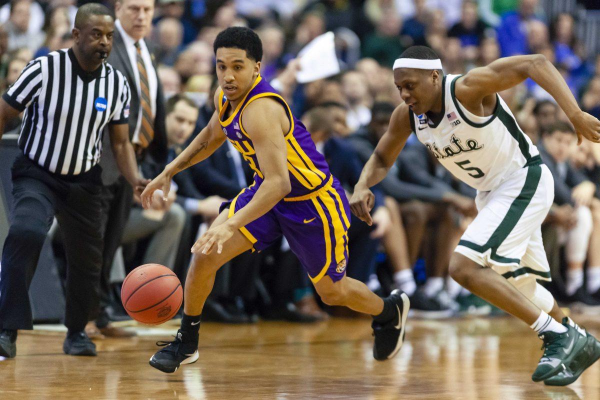 LSU sophomore guard Tremont Waters (3) steals the ball during the Tigers' 63-80 loss to Michigan State in the Capital One Arena on Friday, March 29, 2019.