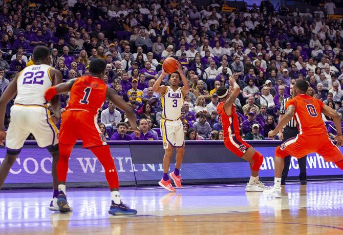 LSU sophomore guard Tremont Waters (3) fakes out a defender during the Tigers' 83-78 victory over Auburn on Saturday, Feb. 9, 2019, in the PMAC.