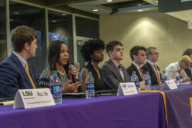 William Jewell and Taylor Scott from the Elevate ticket speaking at the Student Government debate&#160;in the LSU Student Union on Tuesday, March 12, 2019.