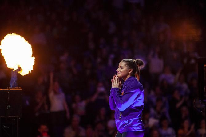 LSU senior all-around McKenna Kelley enters the PMAC during the Tigers' 198.150-196.375 victory over Oregon State in the PMAC on Friday, March 8, 2019.