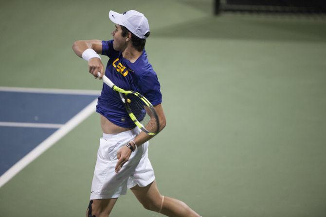 LSU freshman Rafael Wagner returns the ball during the Tigers' 3-4 loss to Santa Clara at the LSU Tennis Complex on Friday, Feb. 3, 2017.