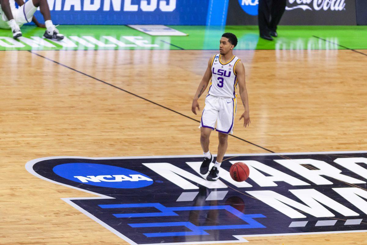 LSU sophomore guard Tremont Waters (3) dribbles the ball during the Tigers' game against Maryland in Jacksonville Veterans Memorial Arena on Saturday, March 23, 2019.