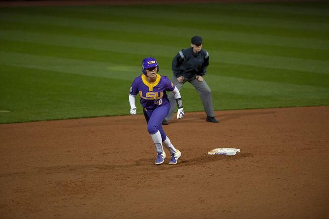 LSU senior infielder Amanda Sanchez (20) prepares to run to third during the Lady Tigers' 19-1 victory over Tulsa, Thursday, Feb. 7, 2019, in Tiger Park.