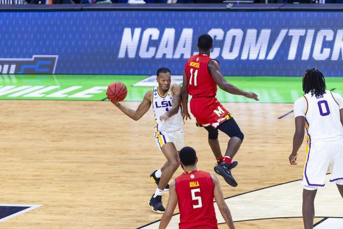 LSU freshman guard Ja'vonte Smart (1) fakes out a defender during the Tigers' 69-67 victory over Maryland on Saturday, March 23, 2019, in the Jacksonville Veterans Memorial Arena.