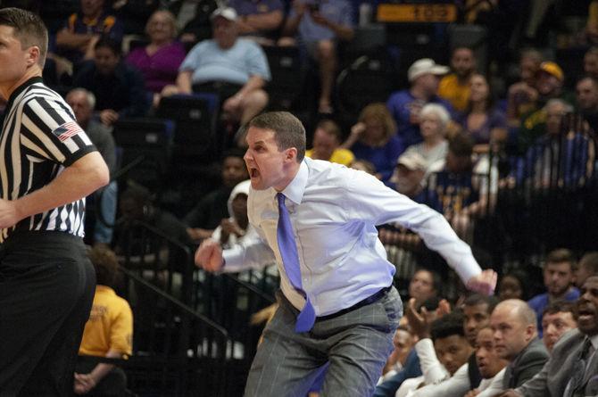 LSU men's basketball coach Will Wade coaches the team during the Tigers' 94-63 win against Southeatern on Tuesday, Nov. 6, 2018, in the PMAC.