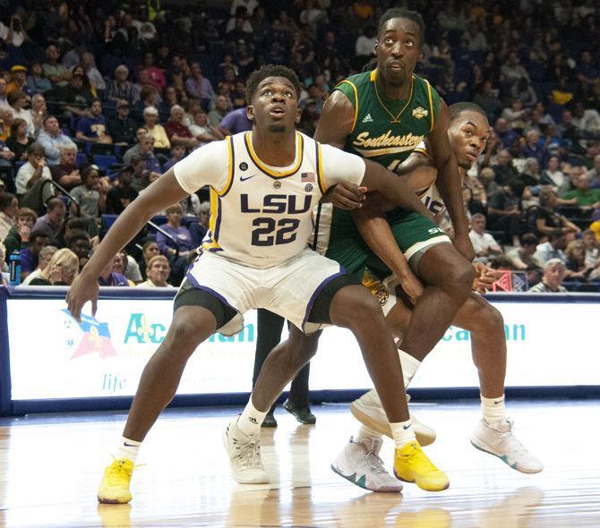 LSU forward Darius Days (22) plays defense during the Tigers' 94-63 win against Southeastern on Tuesday, Nov. 6, 2018, in the PMAC.