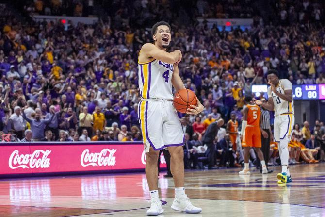 LSU junior guard Skyler Mays (4) celebrates after the Tigers 82-80 victory over Tennesse on Saturday, Feb. 23, 2019.